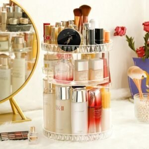 360 Rotating Makeup Organizer - Acrylic Cosmetics Case with Diamond Pattern